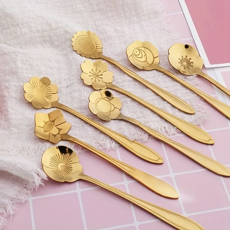 8pcs cute flower spoon set perfect for tea coffee ice cream and desserts stainless steel with golden and silver finish kitchen props for a chic and elegant dining experience 4