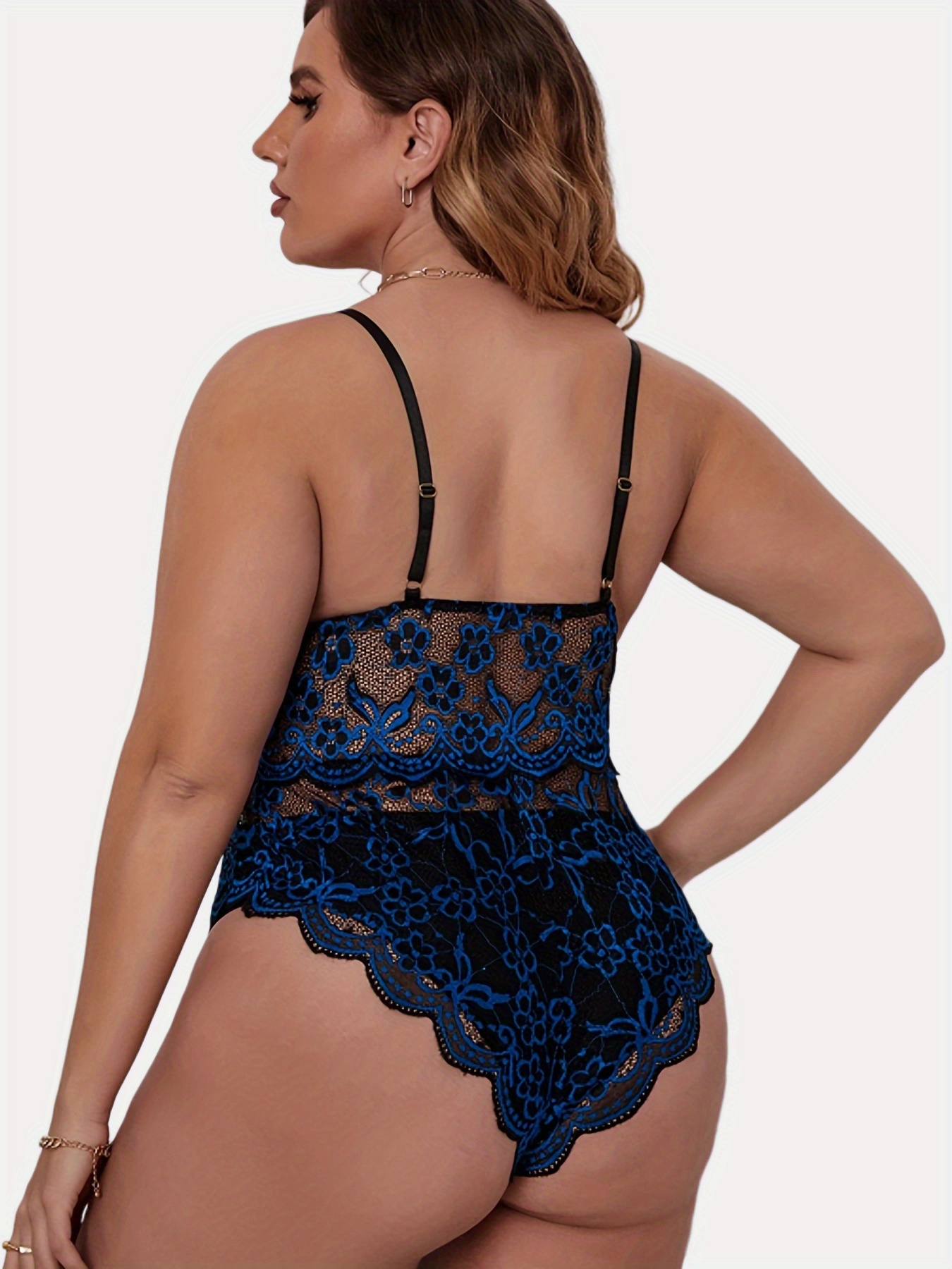 Plus Size Floral Jacquard Contrast Lace Sexy Teddy Bodysuit, Women's Plus  High Stretch Semi Sheer Sexy Teddy Bodysuit