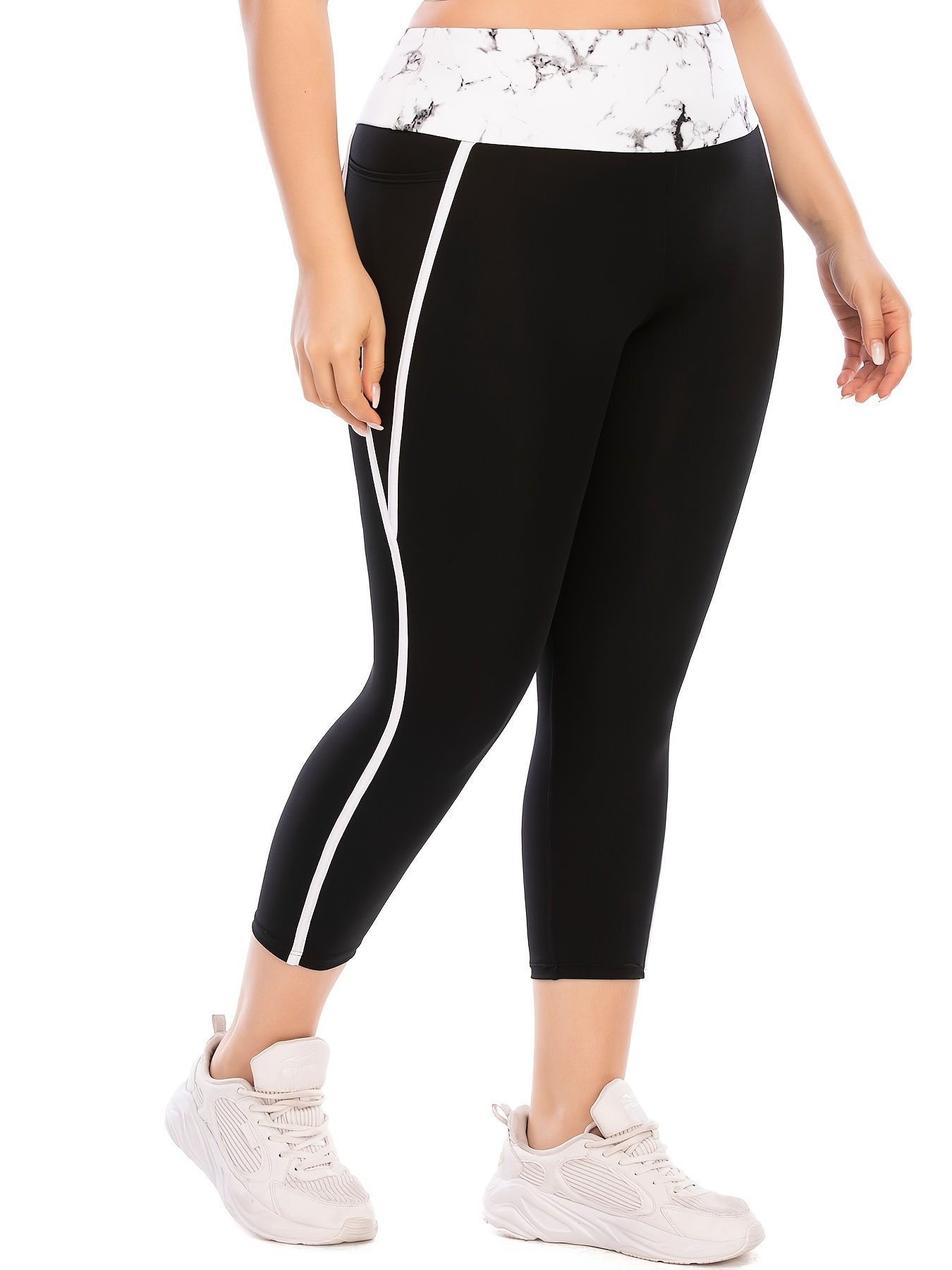 2 Pack Plus Size Sports Leggings Set, Women's Plus Solid Button Decor High  Waisted Stretchy Running Yoga Capri Pants 2 Piece Set