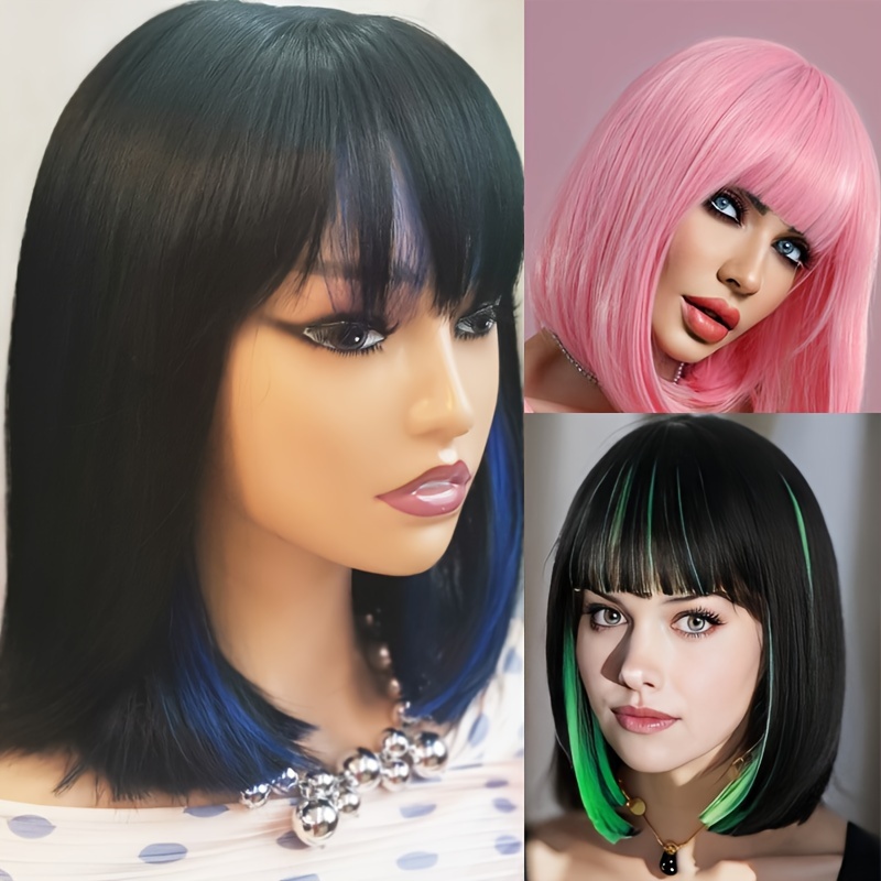 Short Straight Bob Wig Flat Bangs Silky Synthetic Fiber Wigs