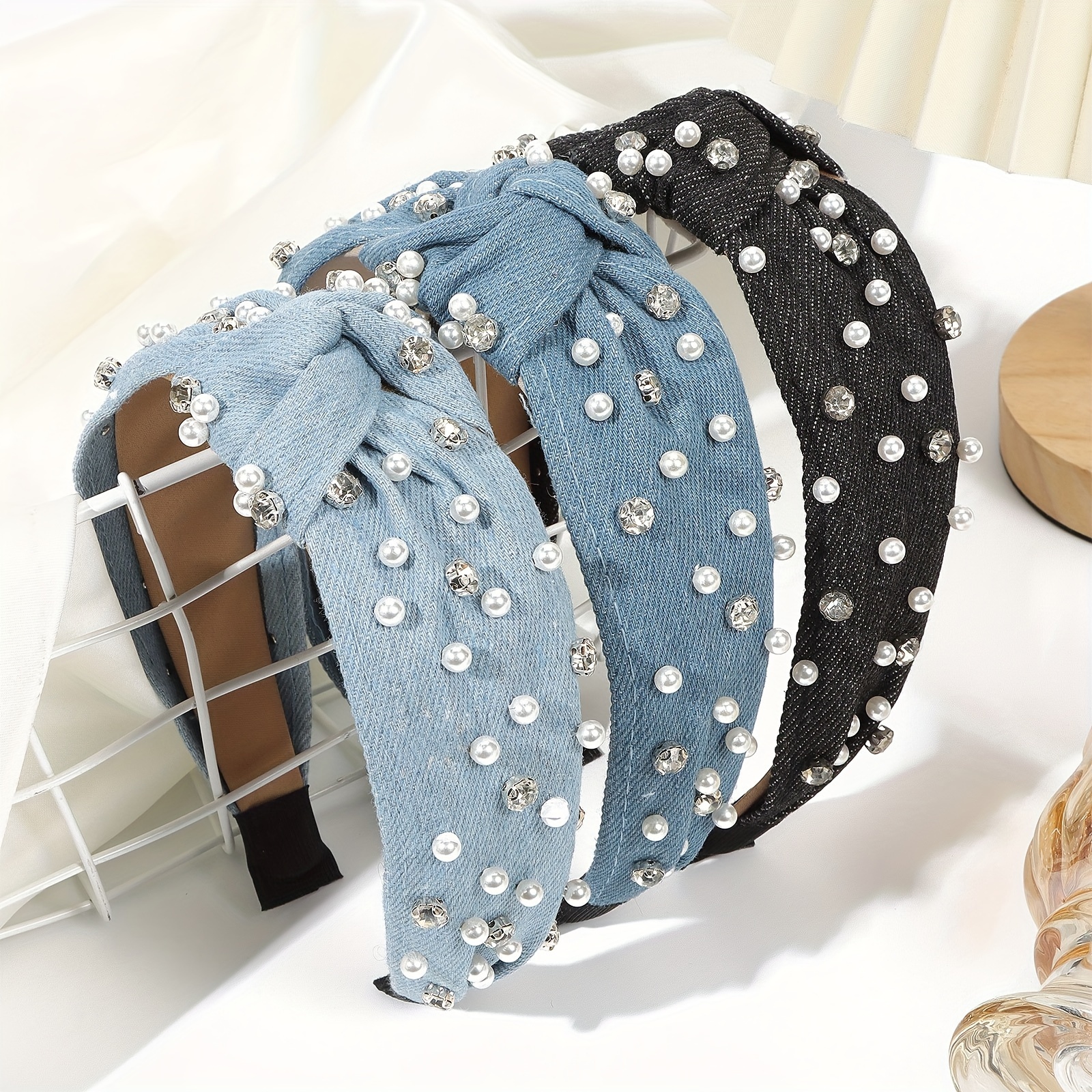 

Denim Headband Cross Top Knot Hair Bands Faux Pearls Rhinestones Decor Hairband Hair Accessories Twisted Knotted Head Wrap