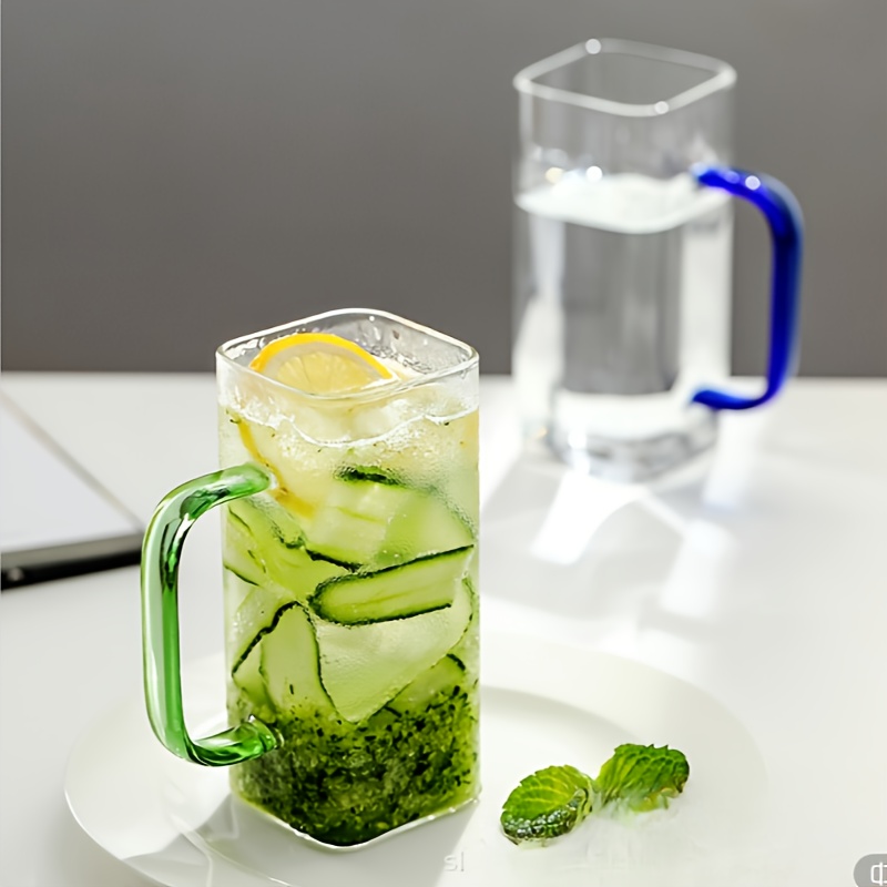 400ml Square Glass Cup with Colored Handle Straw Hot and Cold