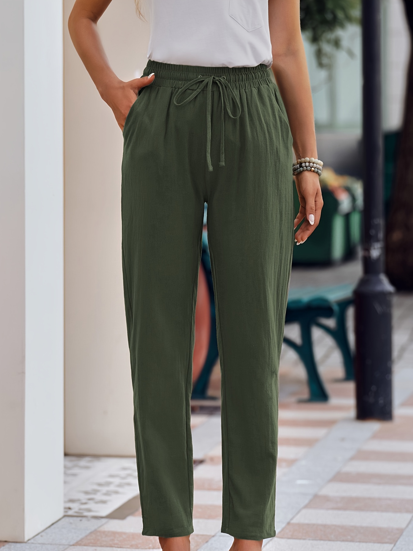 Summer Pants For Women 2023 Womens Trends Summer Solid Casual Pocket  Elastic Waist Long Pants Green L 