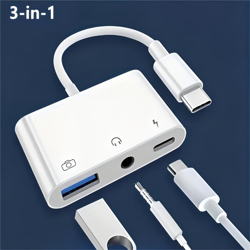 Adaptador USB C a USB, adaptador USB C a USB A OTG 3 en 1 con conector de  audio para auriculares de 0.138 in y puerto de carga rápida, divisor USB-C