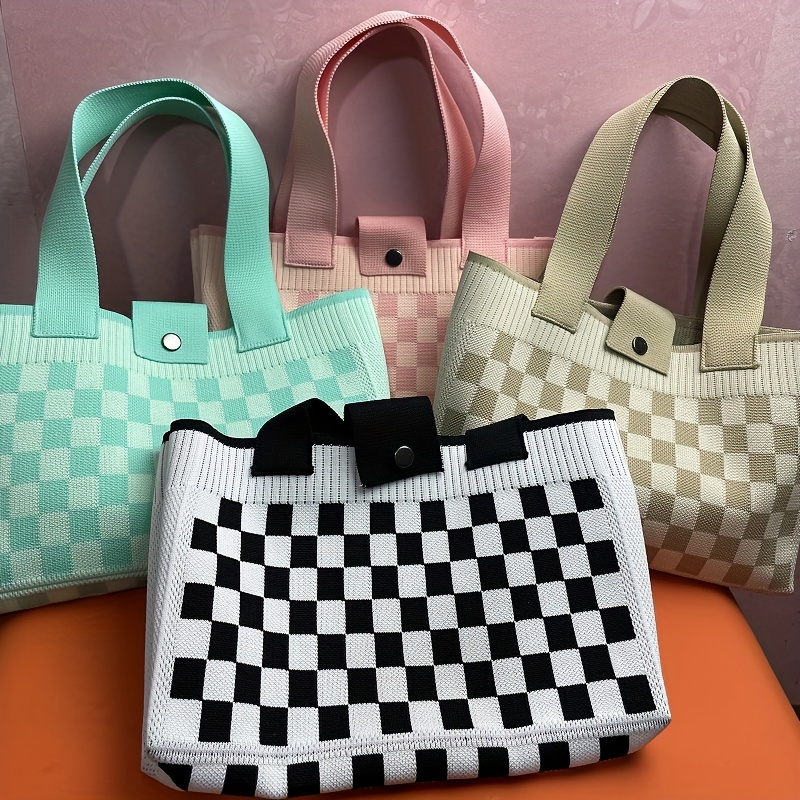 Large Capacity Checkerboard Pattern Knitted Bag, All-match Crochet Handbag,  Minimalist Shoulder Bag - Temu