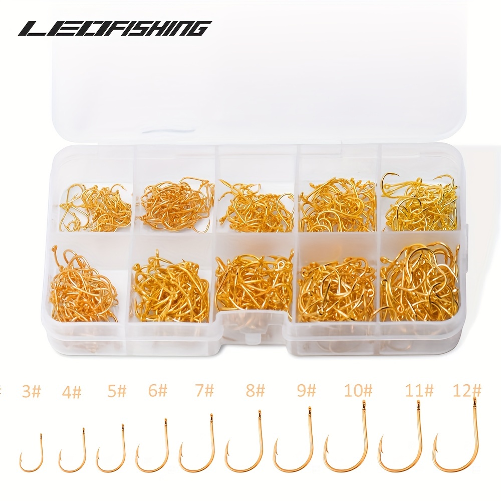 600Pcs Reemoo Carbon Steel Fishing Hooks - 10 Sizes, Portable Plastic Box,  Strong & Sharp with Barbs for Freshwater & Seawater Fishing