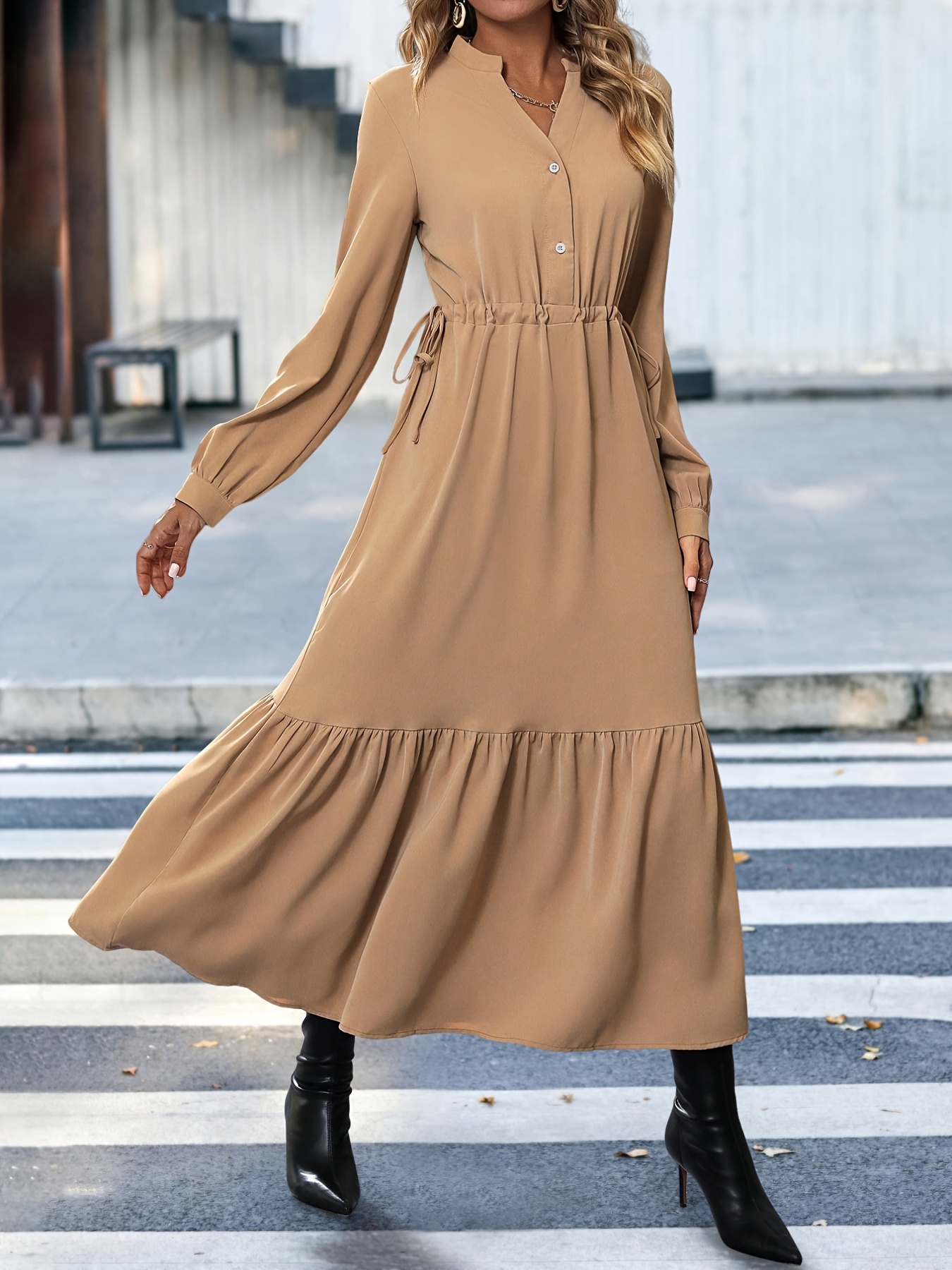 drawstring midi dress elegant button front long sleeve dress womens clothing
