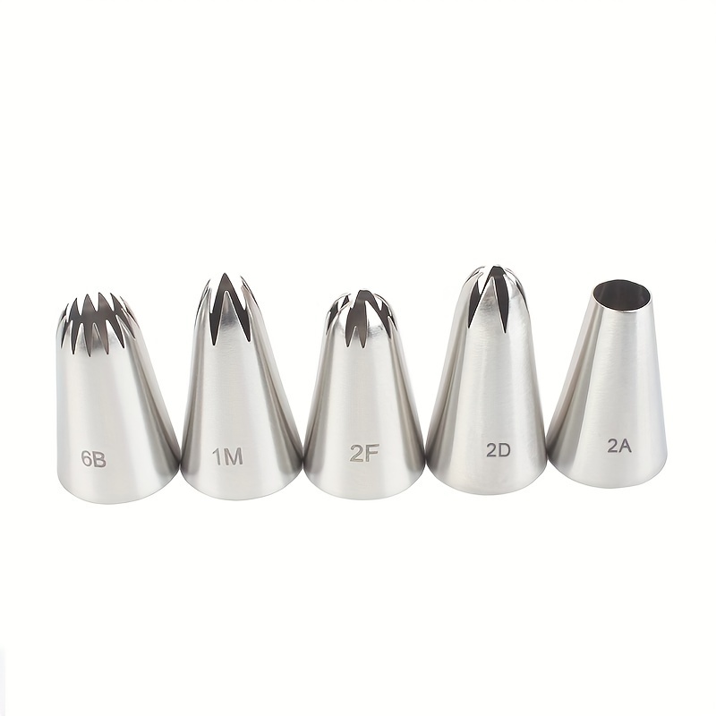5pcs Stainless Steel Piping Tips Set, Medium Size, 6-tooth Round And 15-tooth Cookie Cake Decorating Nozzles For Baking