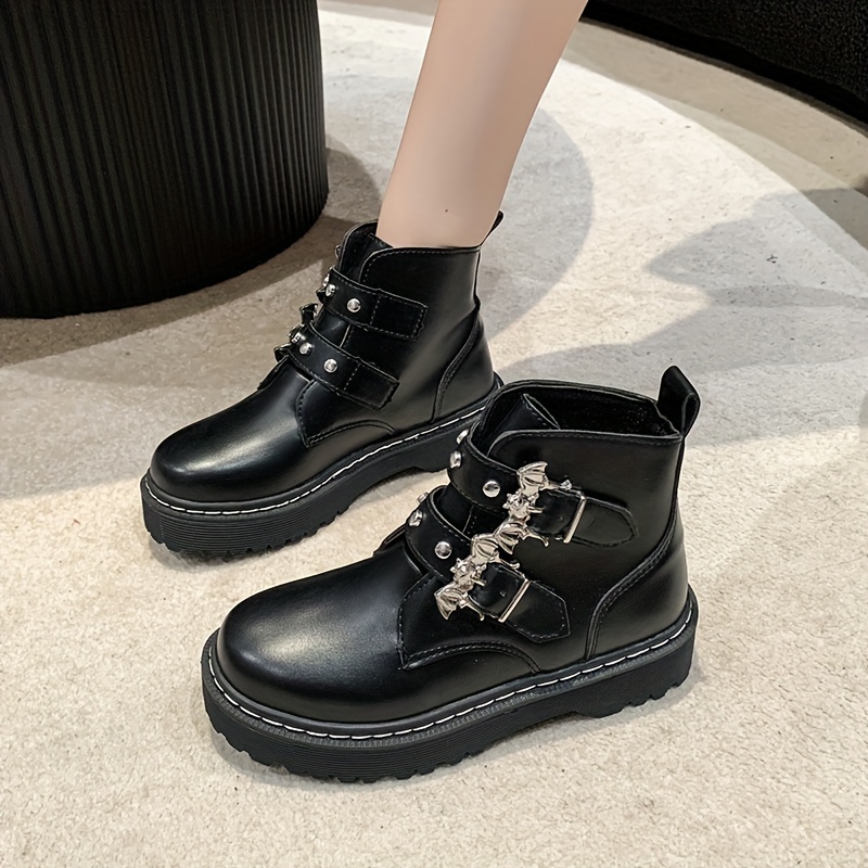 Women's Platform Combat Boots Bat Buckle Strap Round Toe - Temu