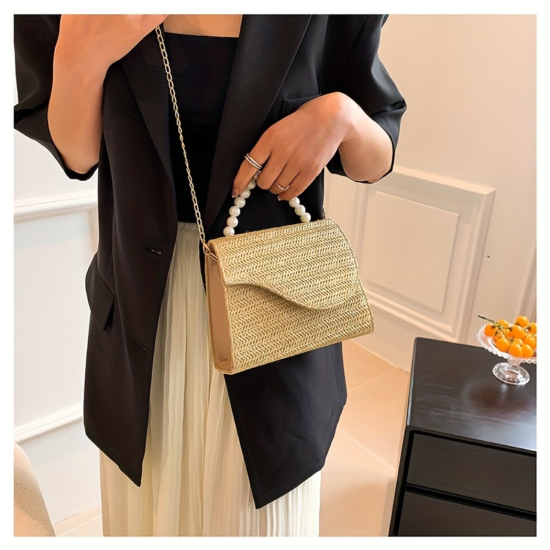 Straw Crossbody Bag Pearl Flap Shoulder Handbag
