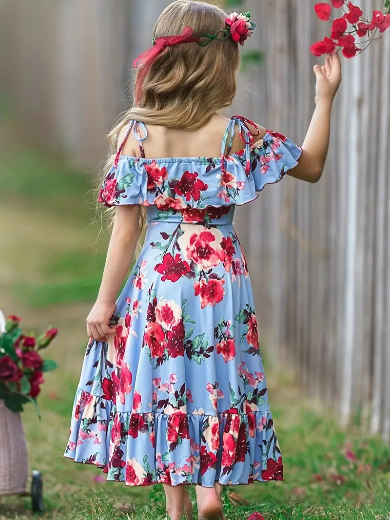 girls ruffle trim cold shoulder flowers graphic asymmetrical ruffled hem princess dress for party beach vacation kids summer clothes details 0