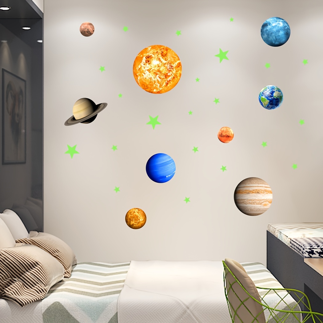 1 Ensemble de stickers muraux, étoiles et planètes phosphorescentes,  brillants système solaire stickers muraux, lumineux plafond stickers  applicables à n'importe quelle pièce dans la chambre des enfants,  décoration de l'espace brillant, cadeaux