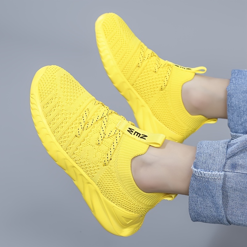 boys casual simple woven knit sneakers lace up breathable lightweight walking shoes for outdoor sports yellow details 7