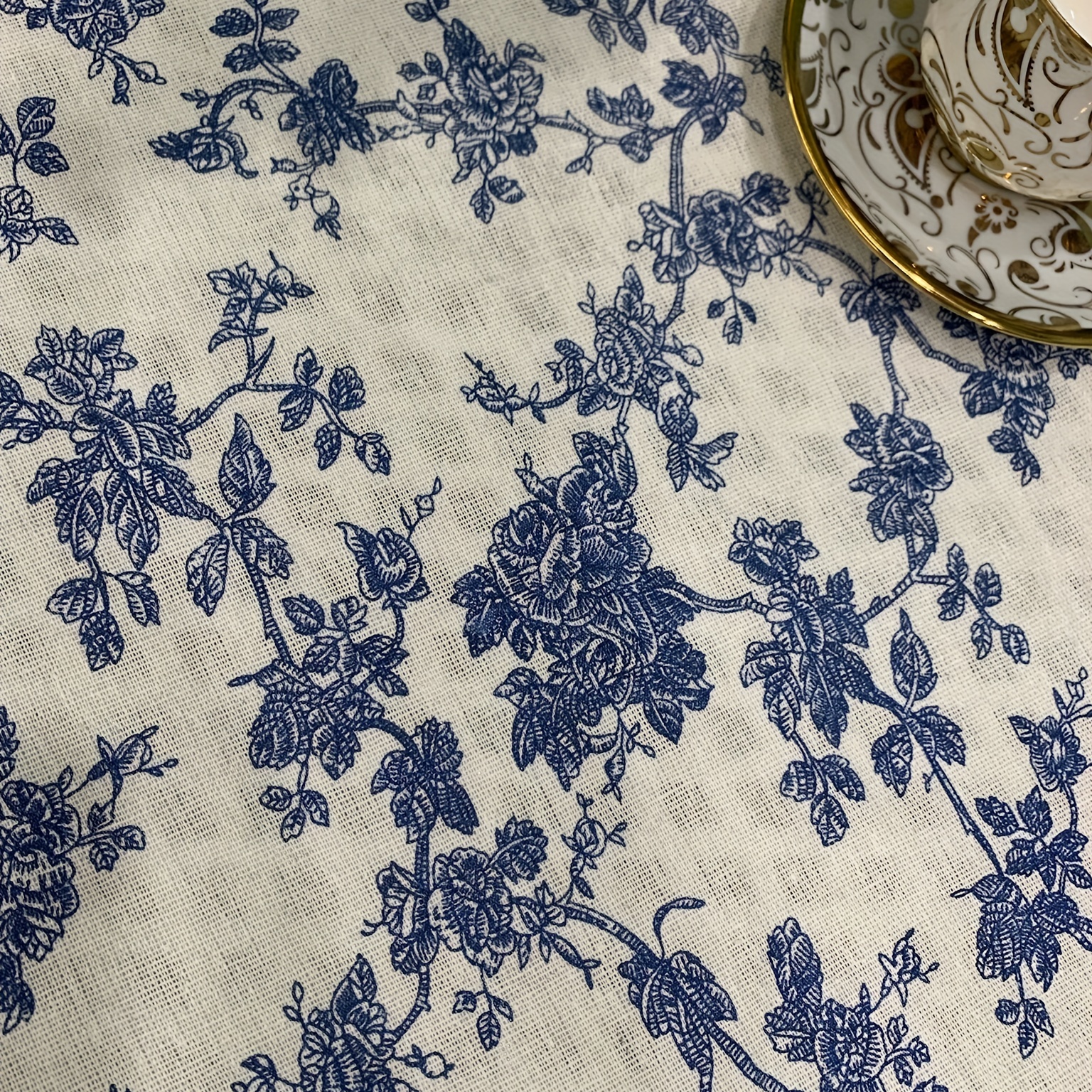 Toile Fabric-Blue Flowers