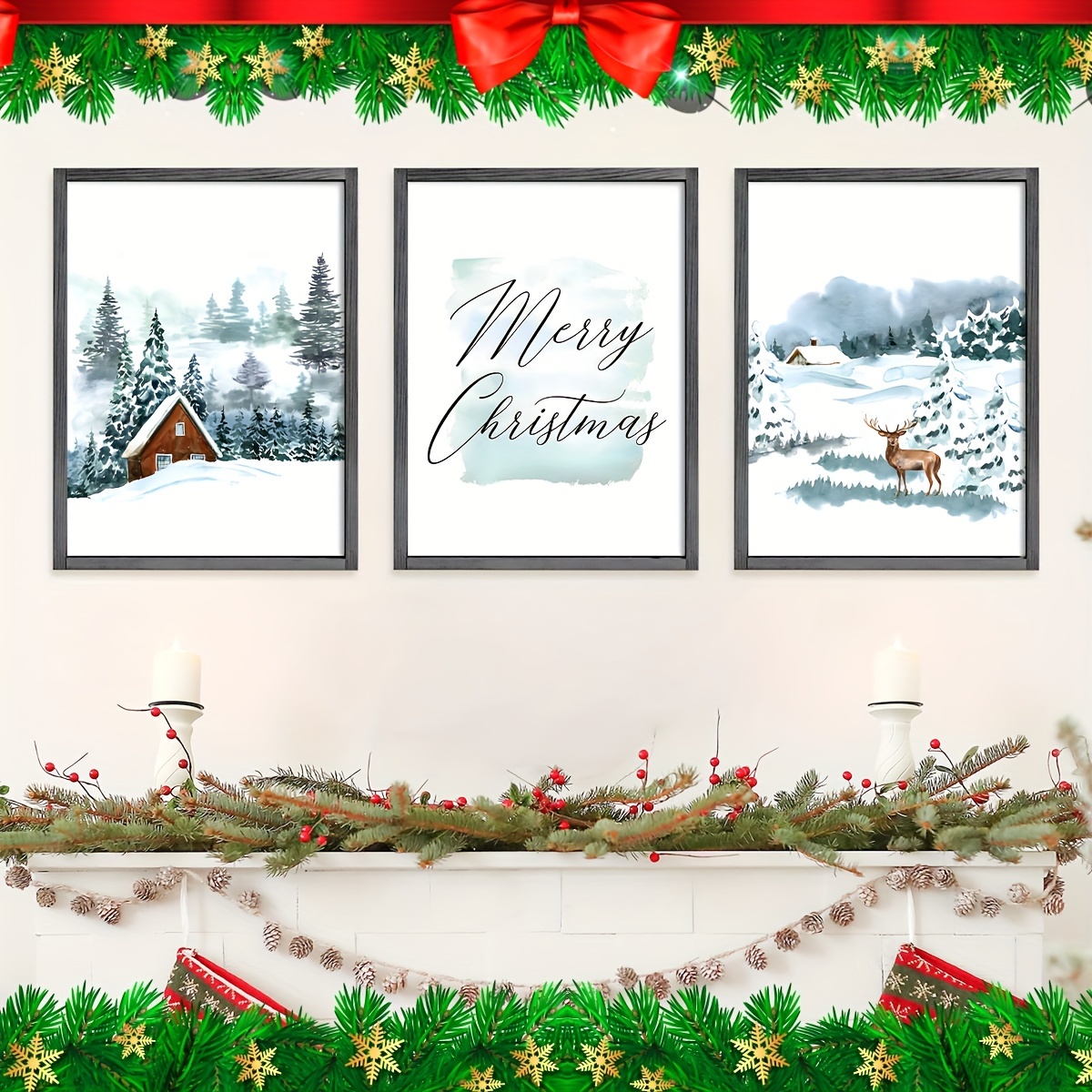 Winter Theme Set of 3 Prints Winter Decor Winter Photography Christmas Print  Christmas Wall Art Forest Print Snowy Trees Reindeer Snow Cabin 