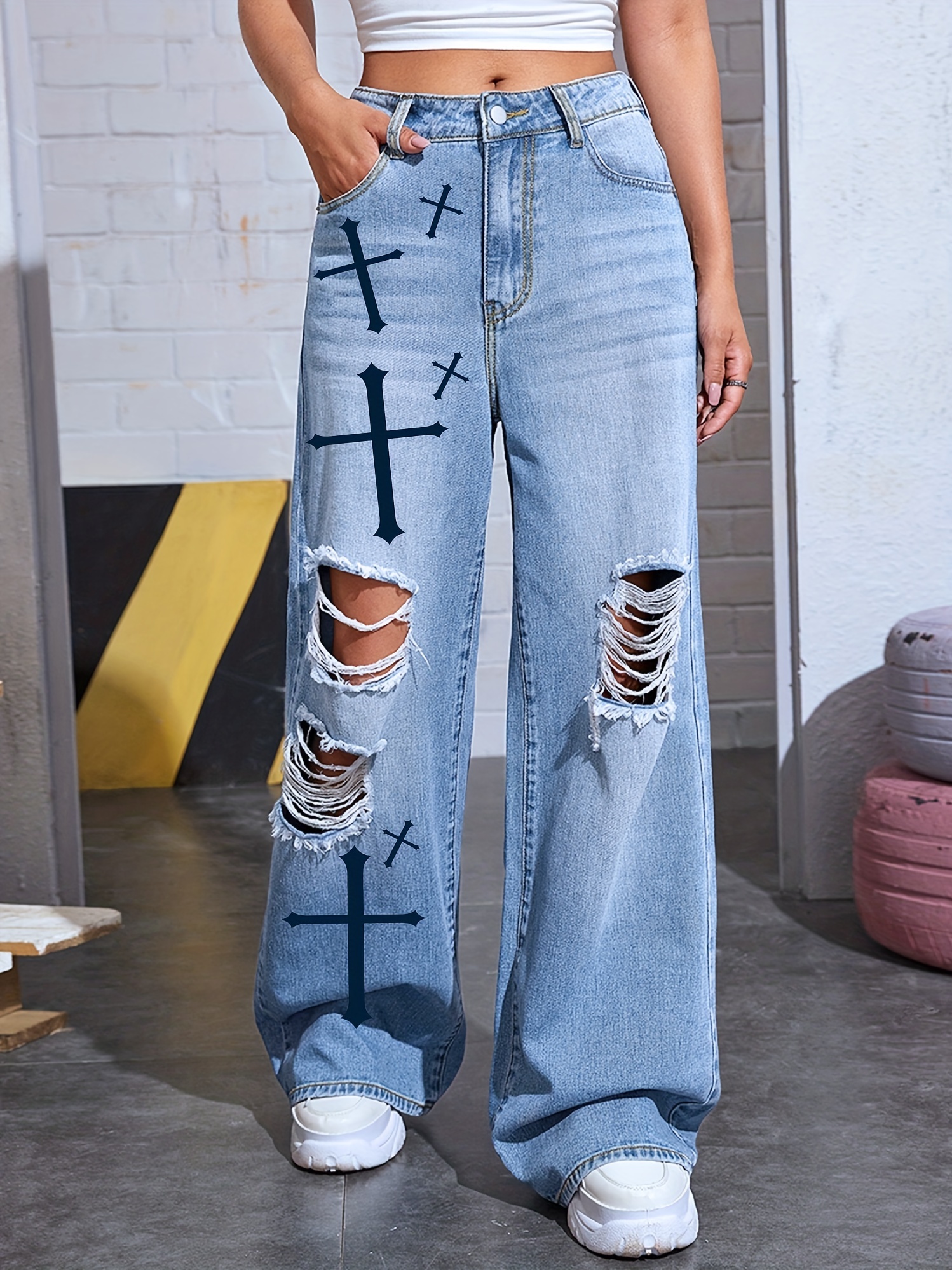 Blue Cross Print Baggy Jeans, Loose Fit Ripped Holes Wide Legs Jeans,  Halloween Women's Denim Jeans & Clothing