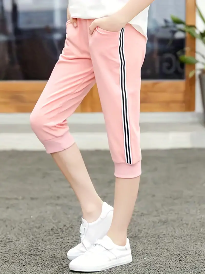 Kid/ Teen Girls Sports Capris Slim Fit Casual Stripes Taping - Temu