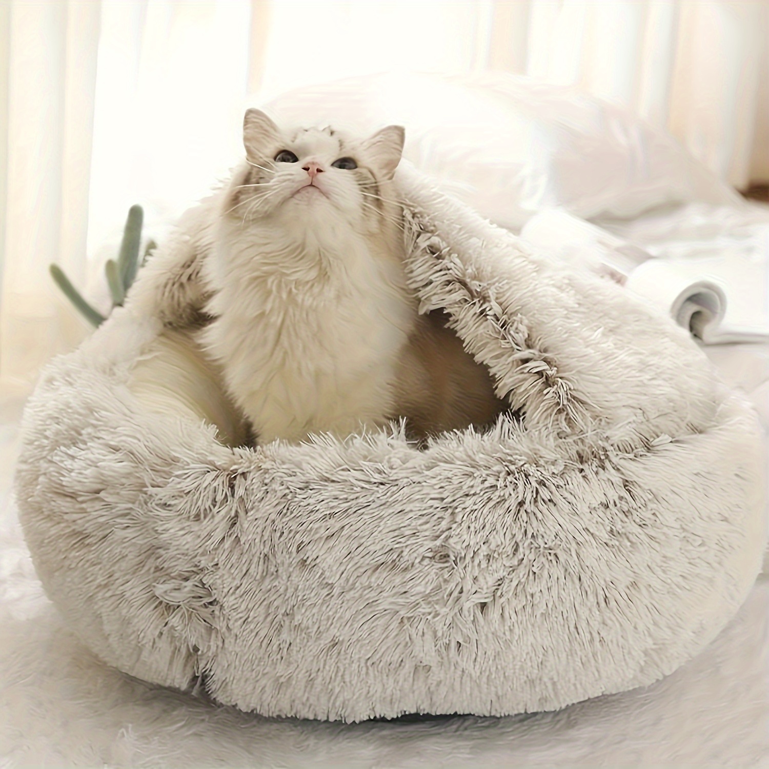 

Furry Soft Dog Bed House, Warm Sofa Cuddly Dog Cave Nest Sleeping Bed, Plush Round Hooded Pet Bed Tent For Cat And Small Dog