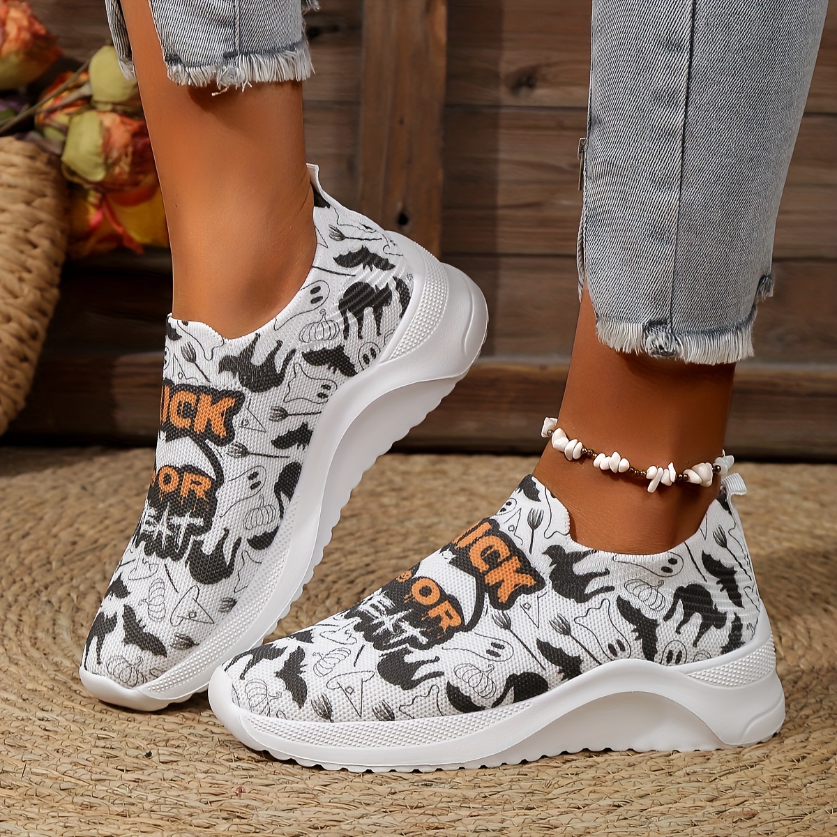 Women's Cartoon Print Knitted Sneakers, Slip On Shock Absorption