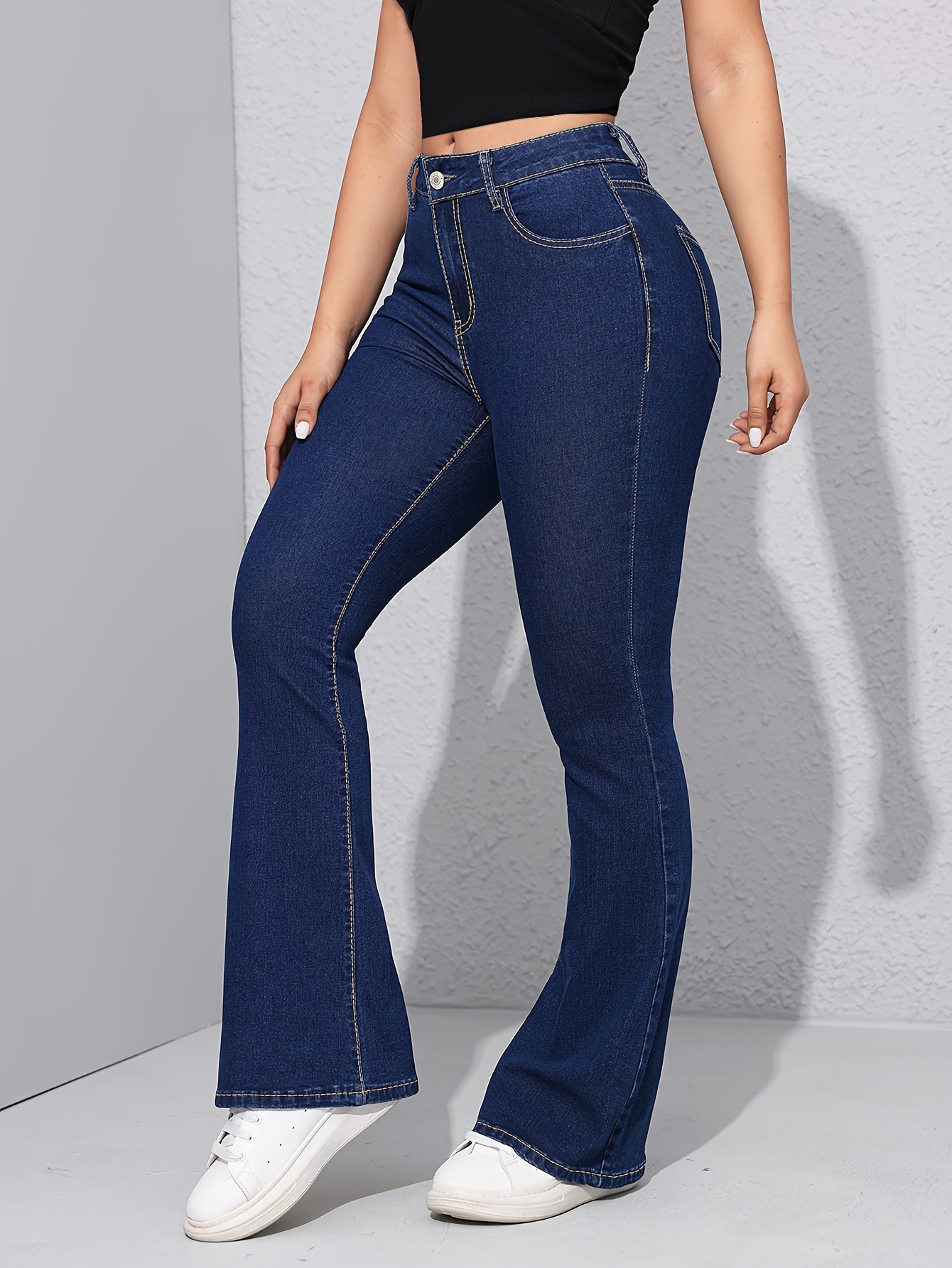 Blue High Stretch Bootcut Jeans, Slim Fit Slant Pockets Versatile Denim  Trousers, Women's Denim Jeans & Clothing