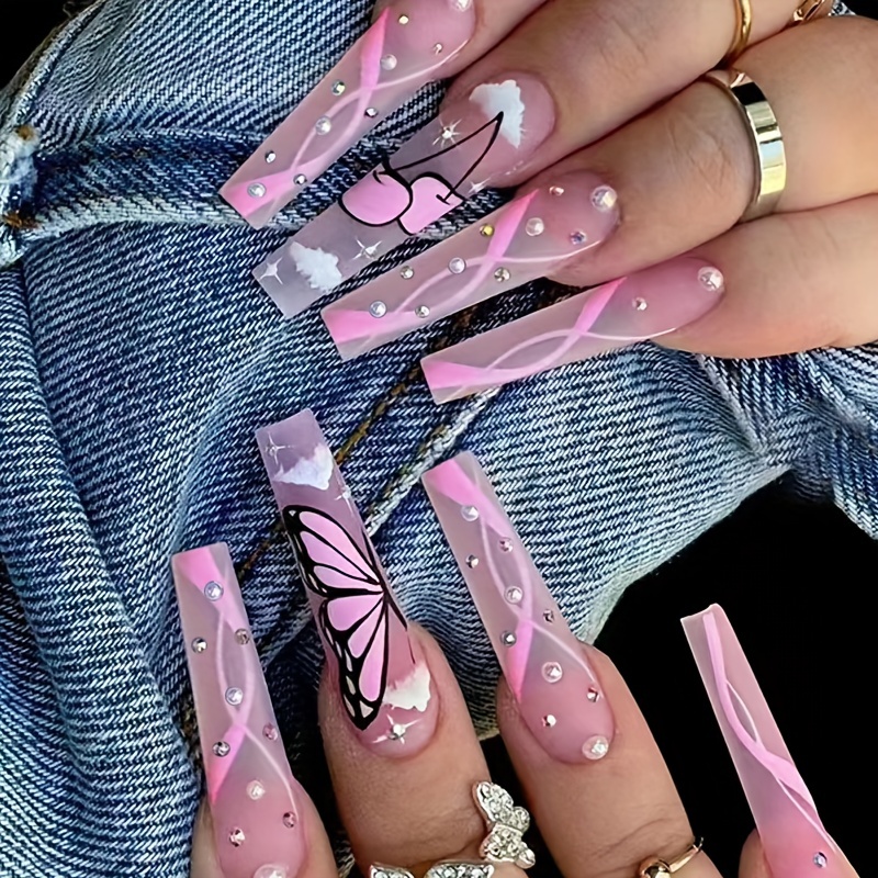 Long Stick Nails Rhinestones Coffin Nails Women Easy Apply - Temu