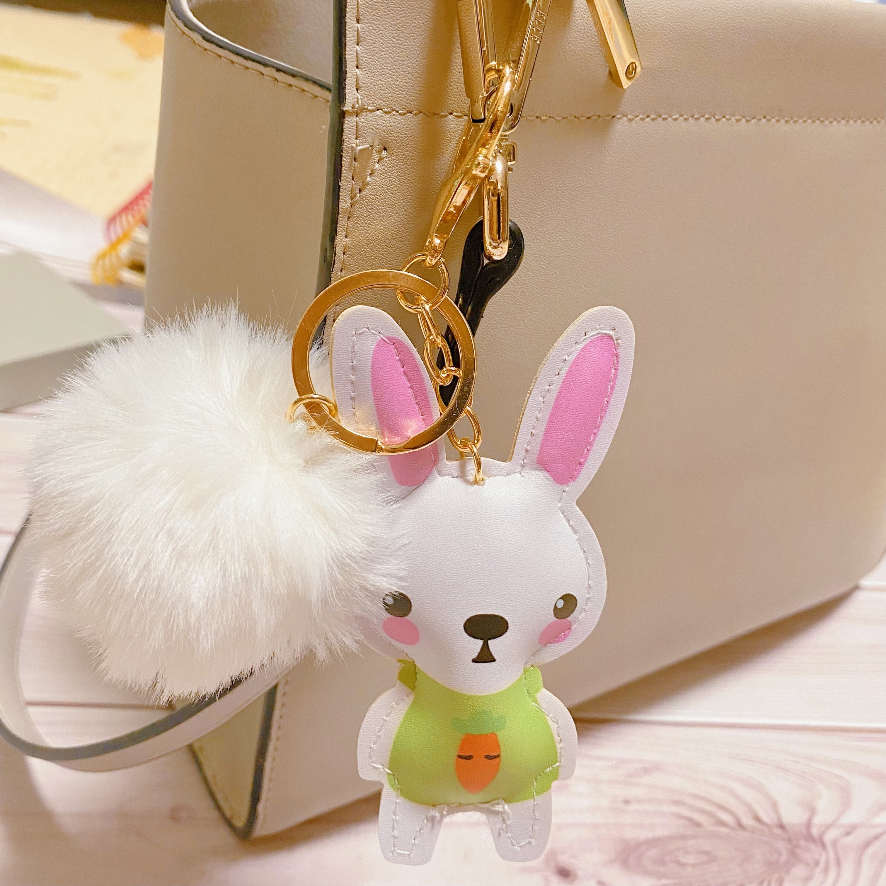 Creative Checkered Leather Bear Rabbit Keychain With Fur Ball