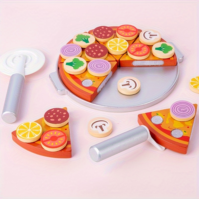 Wooden Pizza Play Food Set With 30 Accessories Pretend Oven - Temu