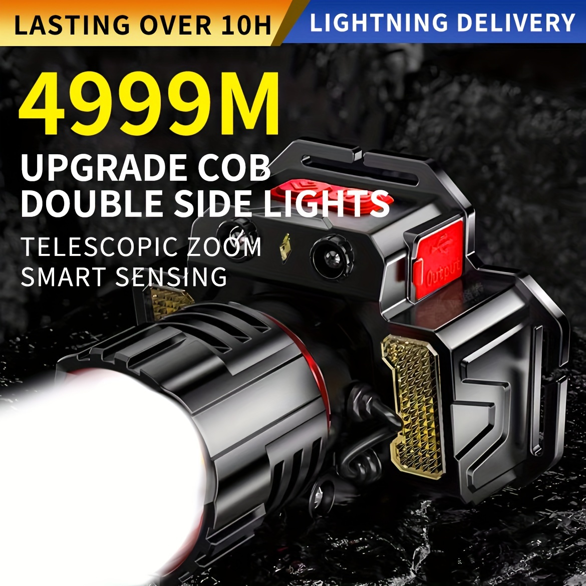 Linterna frontal LED recargable 90000 lúmenes altos, XPH70 más brillante  LED de trabajo faro zoomable, impermeable, 90° ajustable, 5 modos de luz de