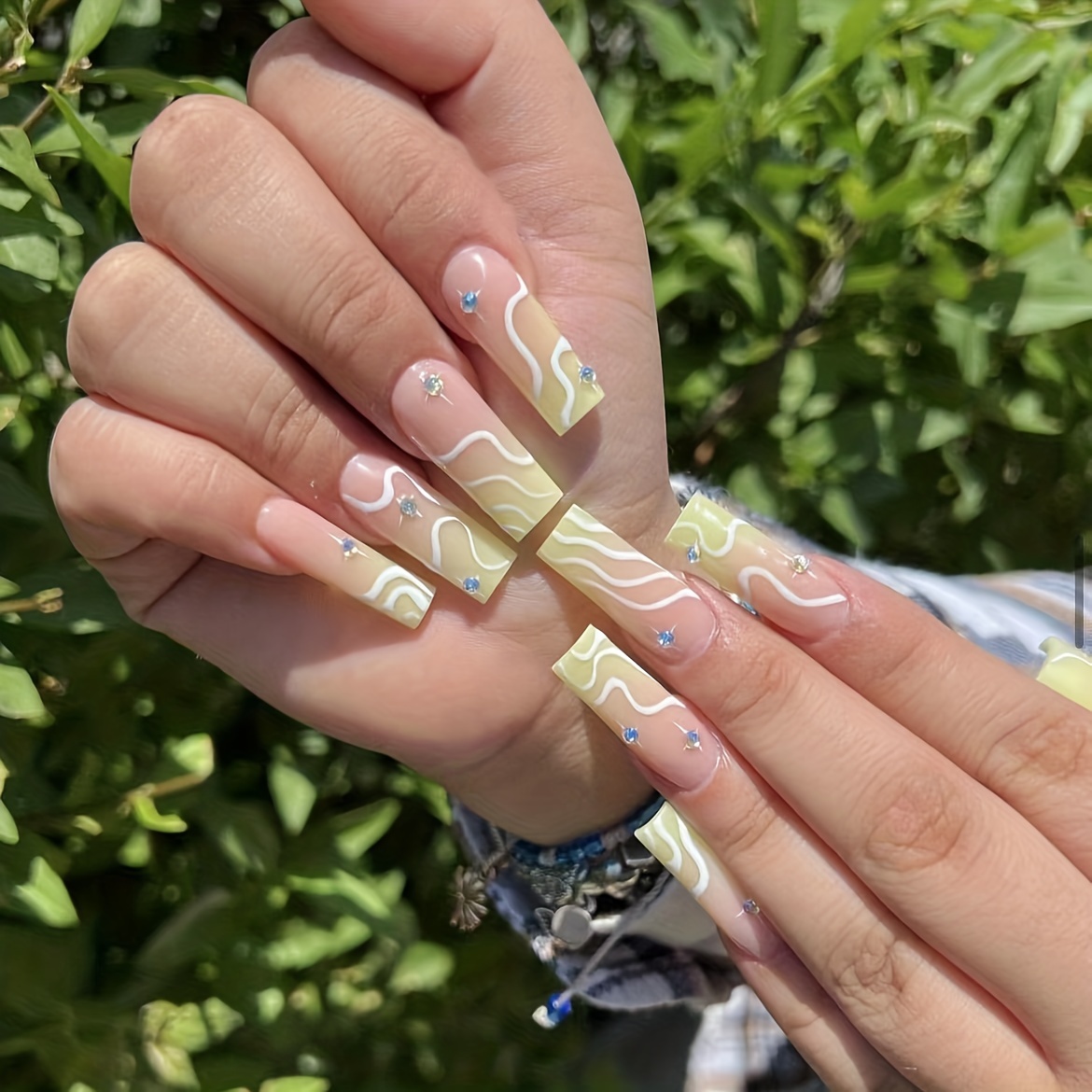 Gradient Ballerina Press On Nails With Wave And Star Designs,long Coffin  Fake Nails With Rhinestones,glossy False Nails For Women And Girls, - Temu