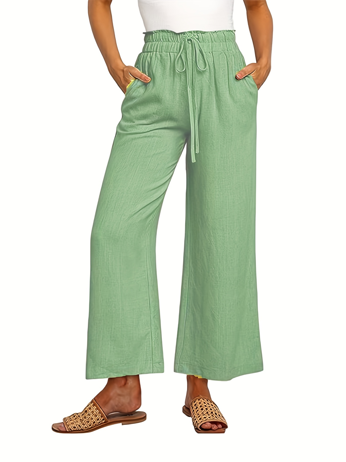 Linen Pants Women's Elastic Drawstring Waist Loose Wide Leg Solid Pants  with Pockets, Green, Medium : : Clothing, Shoes & Accessories