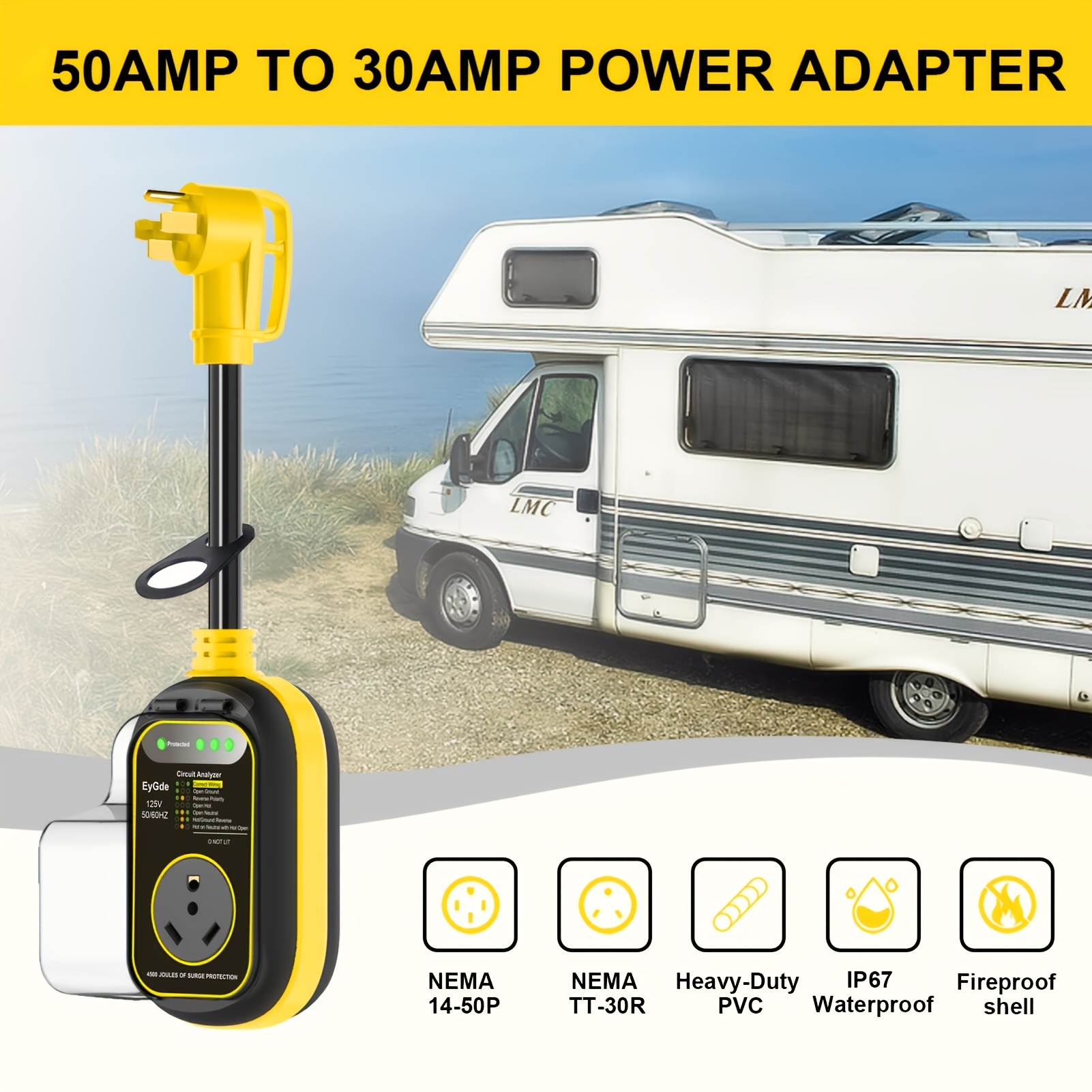 50 Amp To 30 Amp Rv Adapter With Surge Protector Waterproof, 4500