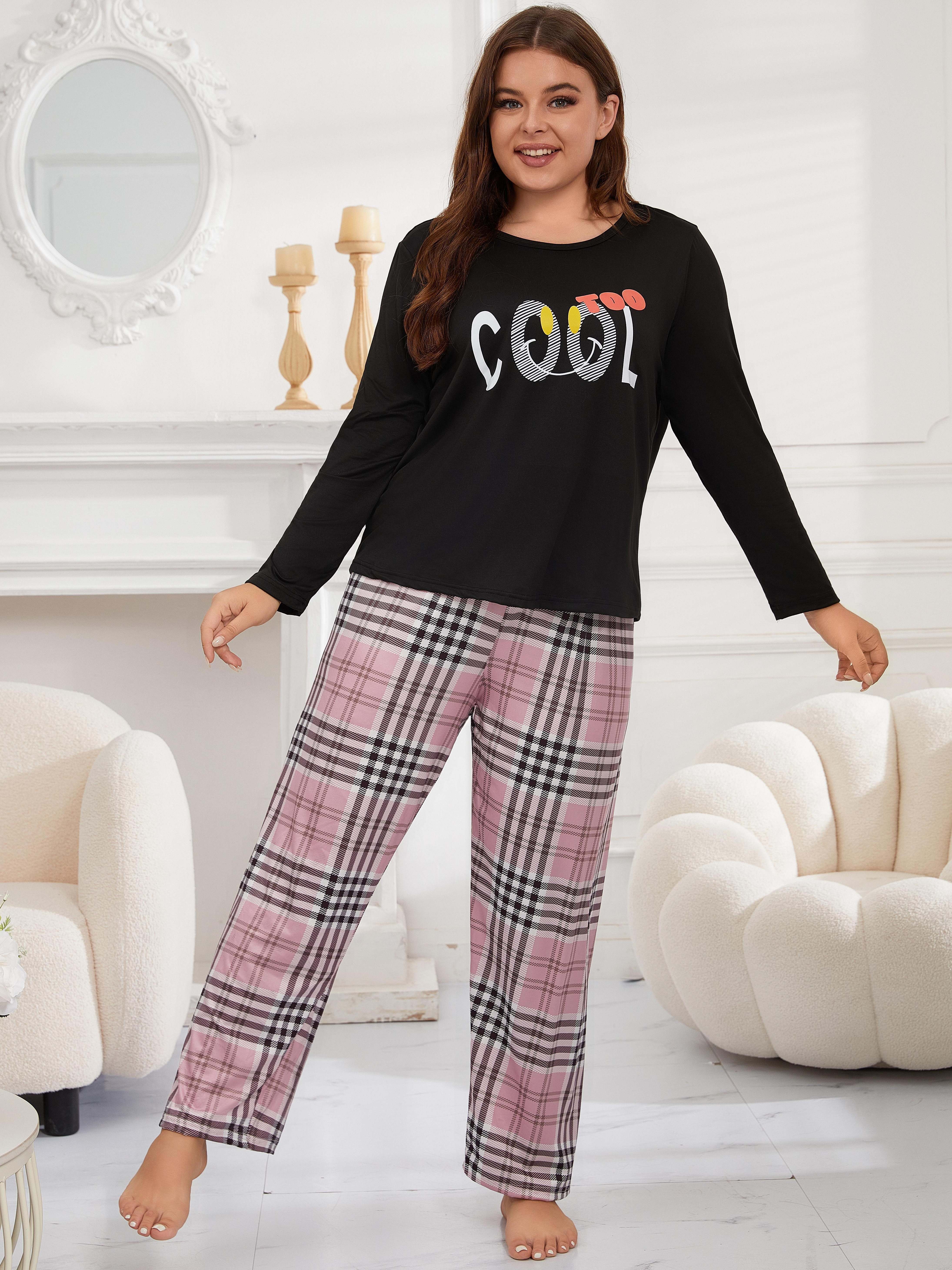 Plus Size Letter Print Long Sleeve Top Pants Pajama Set - Temu