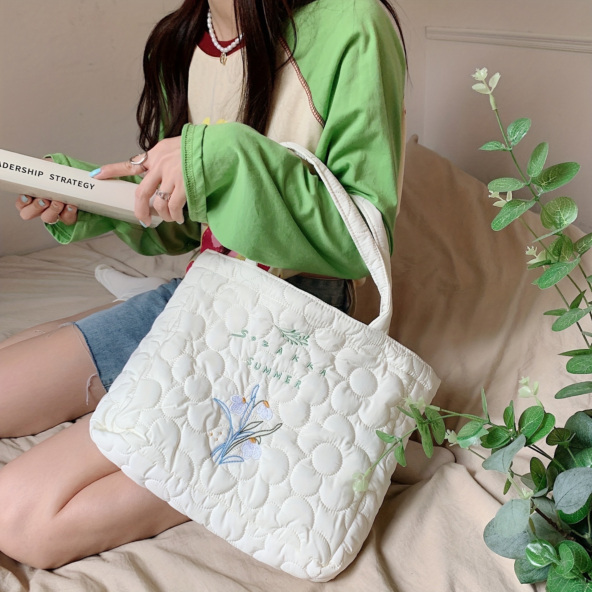 Aesthetic Flower Quilted Handbag, Puffer Embroidered Tote Bag
