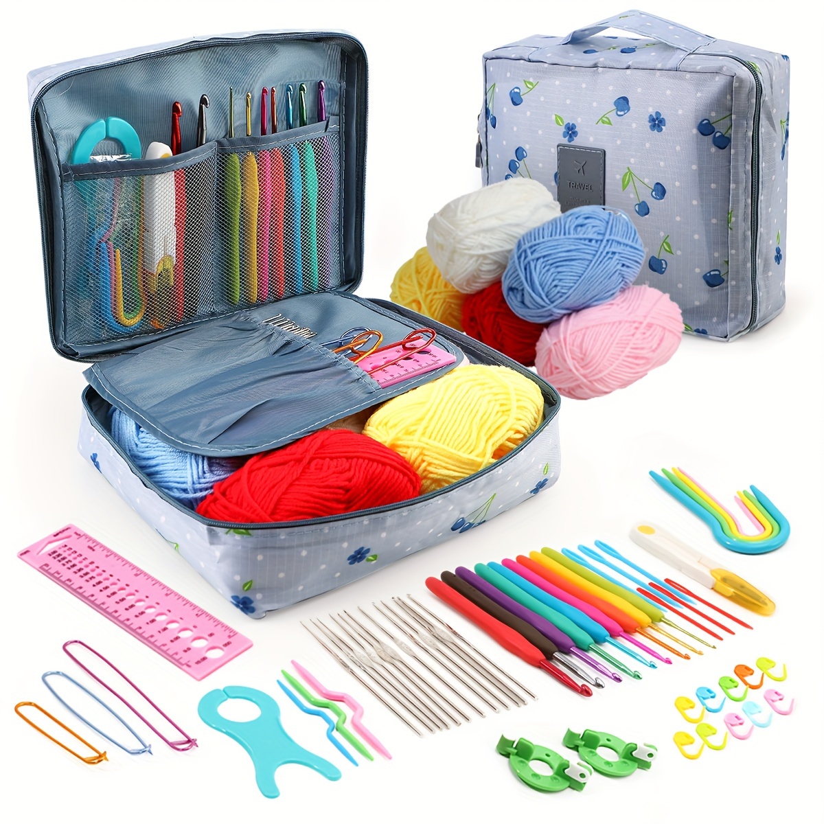 J Mark Crochet Kit with Yarn Set- Premium Bundle Includes Crochet Hooks, Acrylic Crochet Yarn Balls, Needles, Book, Bags and