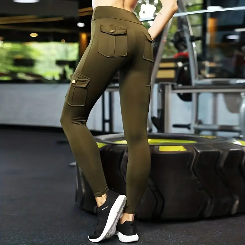 Solid Color Pockets High Waist Sports Tight Pants Quick - Temu