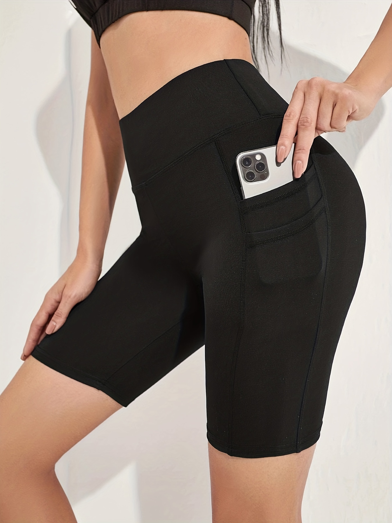 Black High Waist Double Pockets Yoga Shorts Tummy Control - Temu