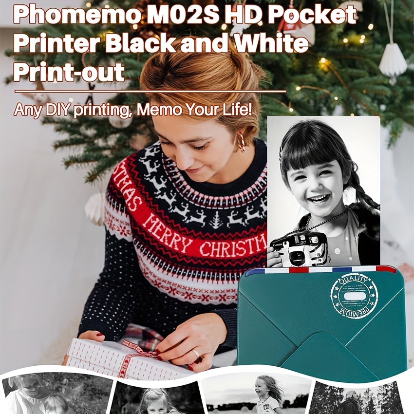 phomemo m02s 300dpi photo printer with 6 rolls paper gift box bt thermal label maker for photo printing study notes diy work list sticker printer compatible with ios and android dark green details 6