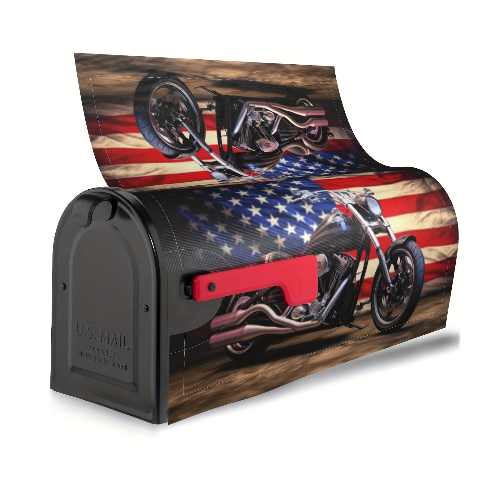 

1pc Motorcycle With American Flag Background Mailbox Cover, Patriotic 4th Of July Mailbox Cover, Wrapped Standard For Standard Mailboxes, Standard Size 21" X 18" Inch And 25.5"x21" Inch Outside