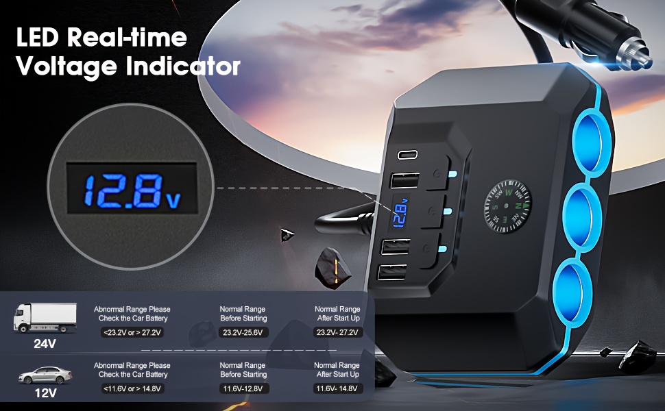 120w 7 in 1 car charger with led display splitter adapter 3 ac outlets 4 usb ports separate switches 12 24v 3 3ft cable details 1