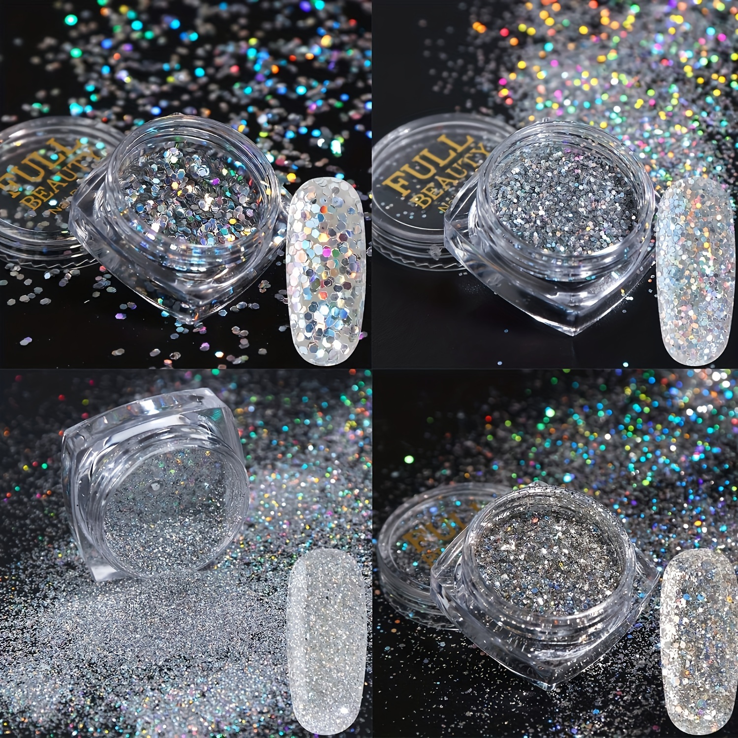 Holographic Nail Glitter Sequins,Nail Art Supplies 3D Sparkly Nail Art  Flakes Hexagon Sequins Champagne Silver Manicure Tips Accessories Design  Nail