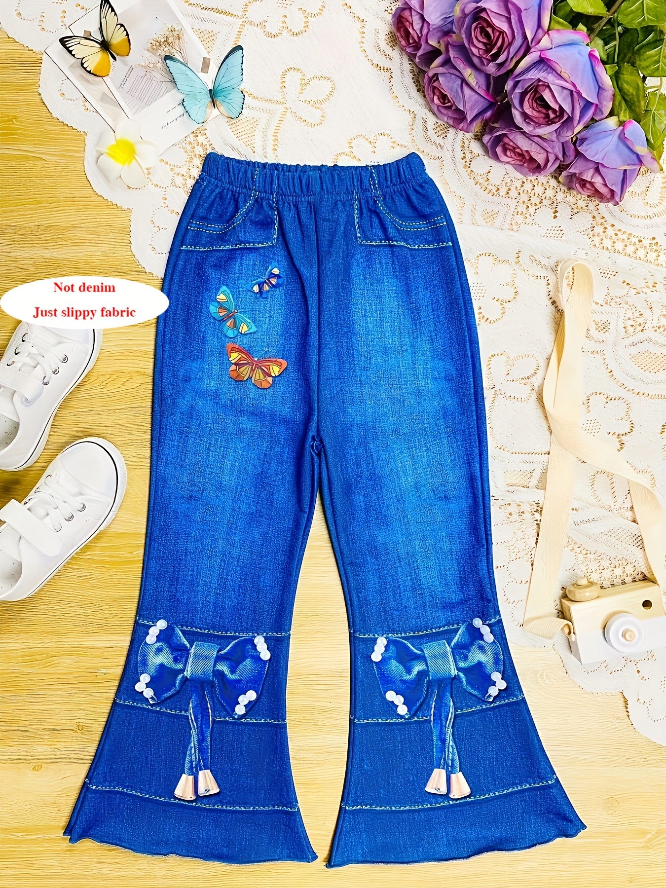 Kids Girls Butterflies Print Jeans Wide Leg Denim Pants Casual