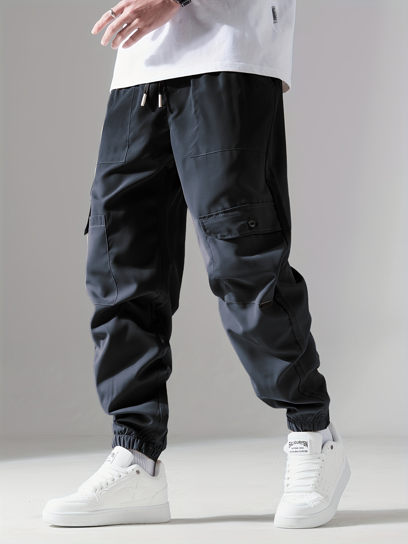 Cheap Cargo Pants Men Multi Pocket Black Jogger with Straps