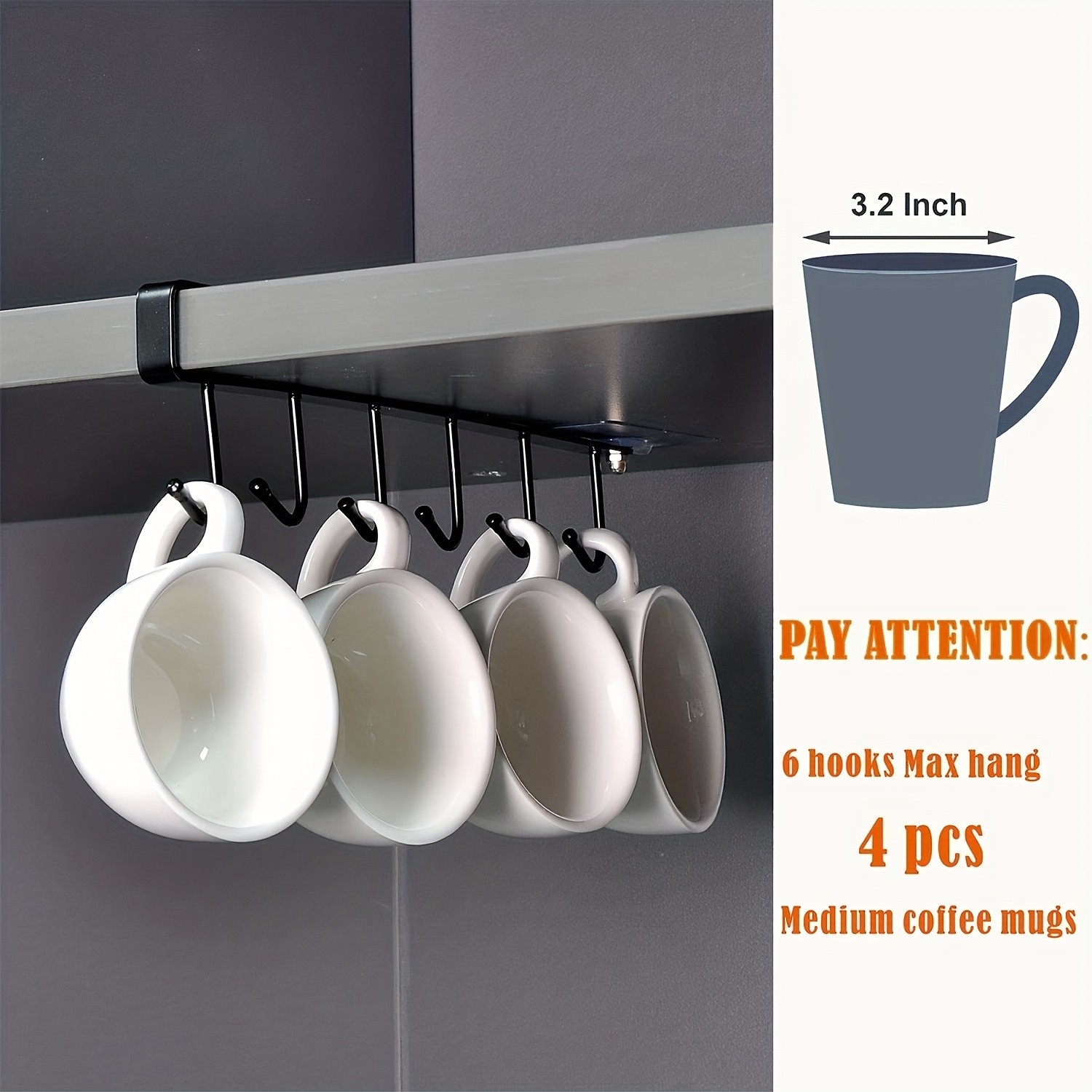 Yannee Cup Holder Under Cabinet - 6 Hook Coffee Cup Mug Holder for Kitchen, Fit for 1 inch Thickness Shelf or Less - Only Fit for Flat Buttom Cabinet