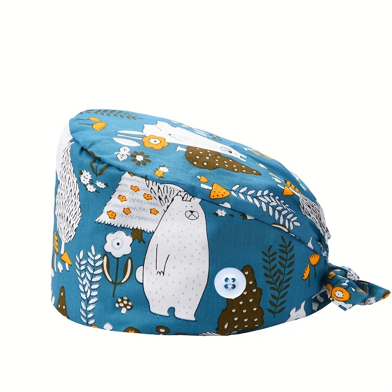 Bonnet de travail en coton imprimé dessin animé  Chapeau d'infirmière  élastique, cravate arrière, bonnet de gommage pour femmes, bouton réglable,  chapeaux de travail - Temu Belgium