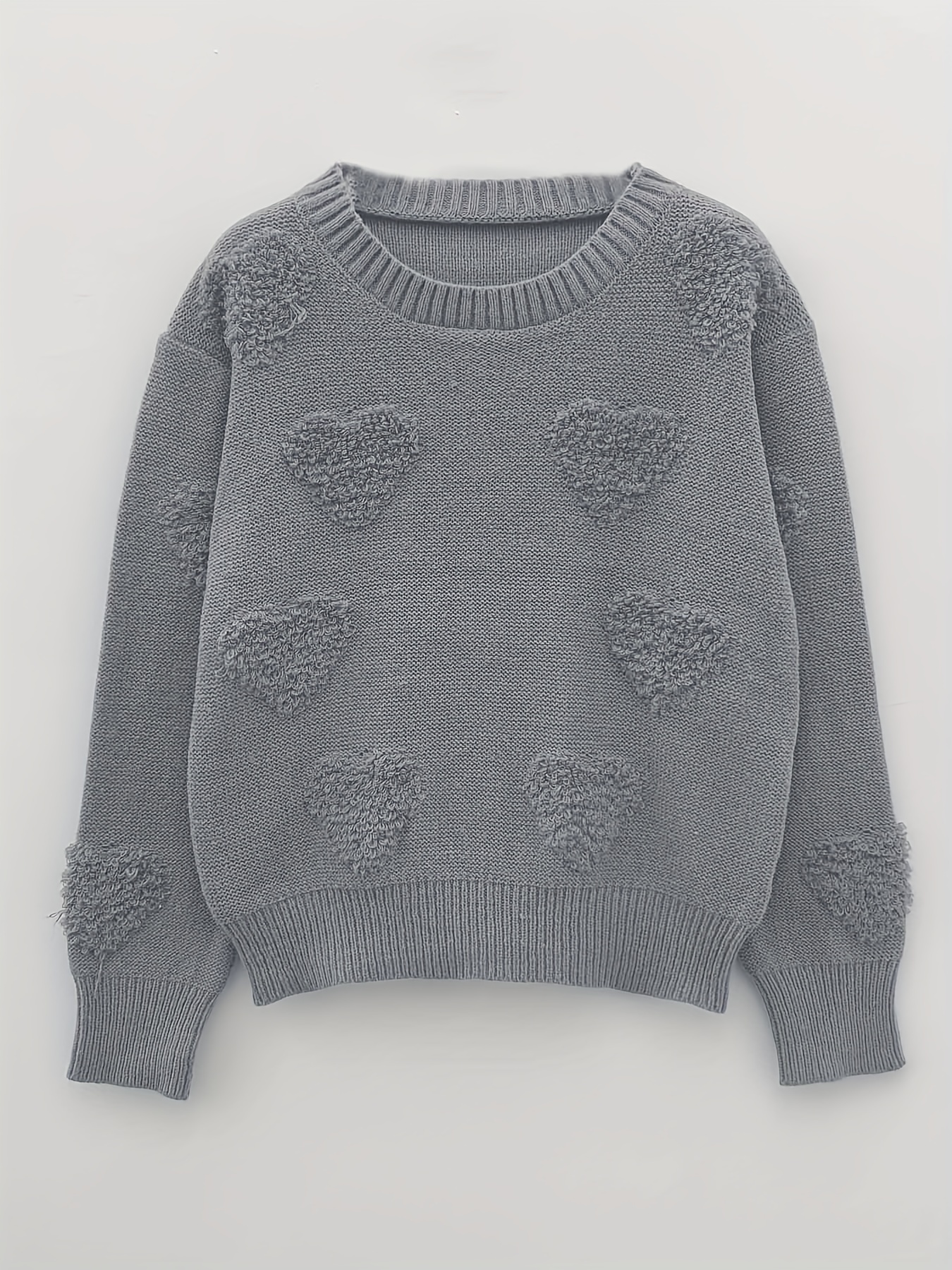 Heart Pattern Knit Sweater Casual High Neck Long Sleeve - Temu