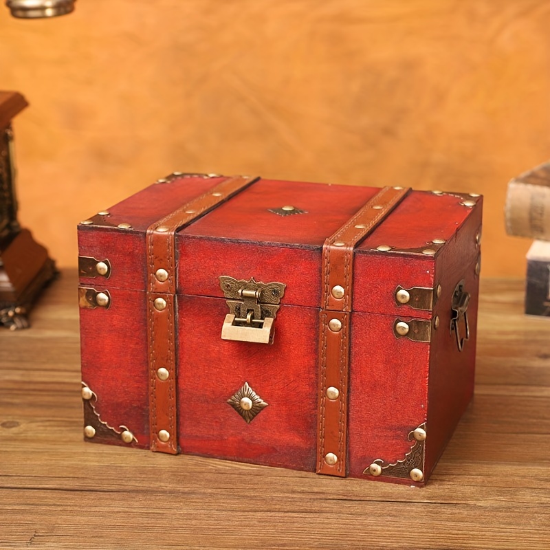 Caja de almacenamiento de dinero de madera, cofre del tesoro, hucha hecha a  mano, organizador de joyas con cerradura y dos llaves
