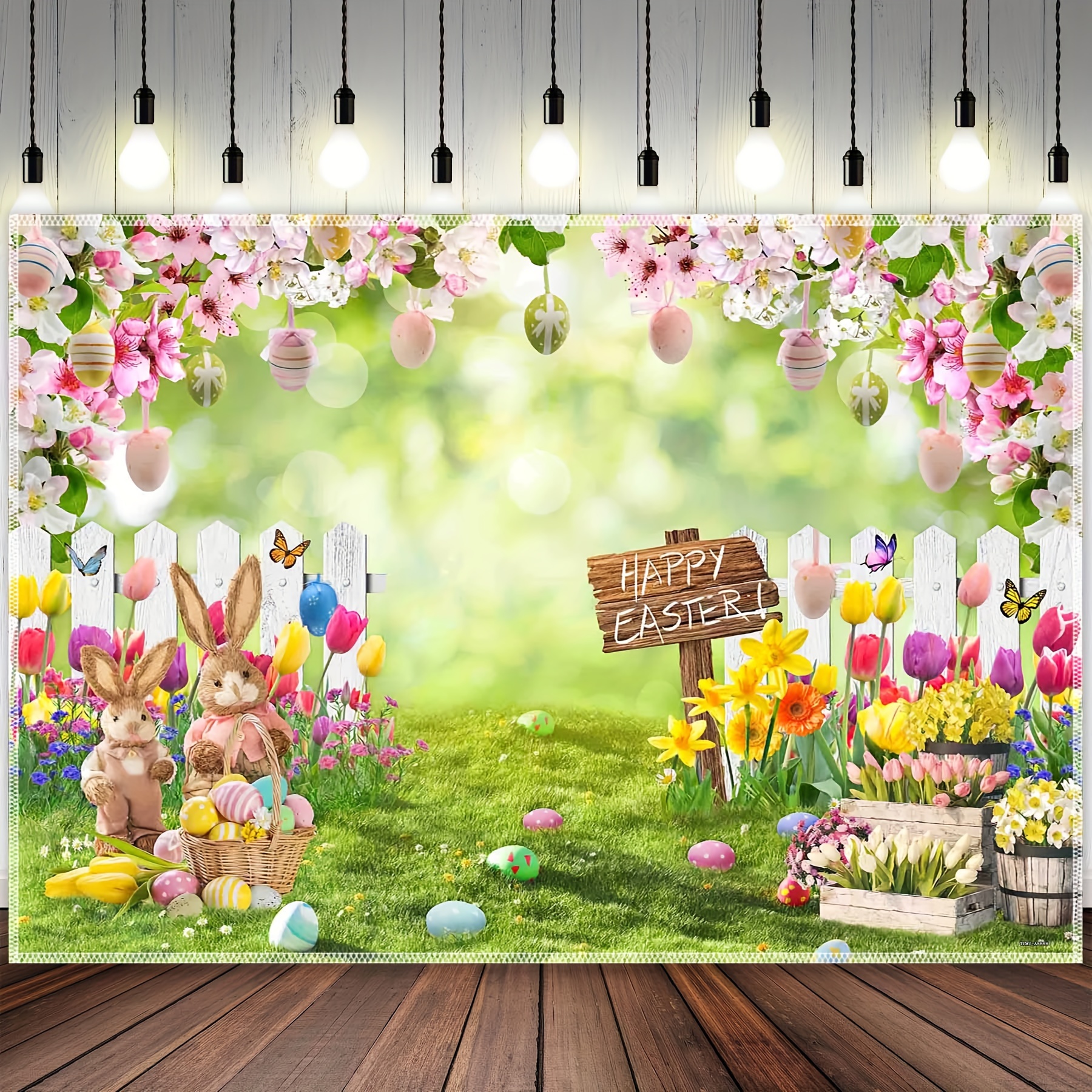 Easter Floral Polyester Photography Backdrop Easter Rabbit - Temu