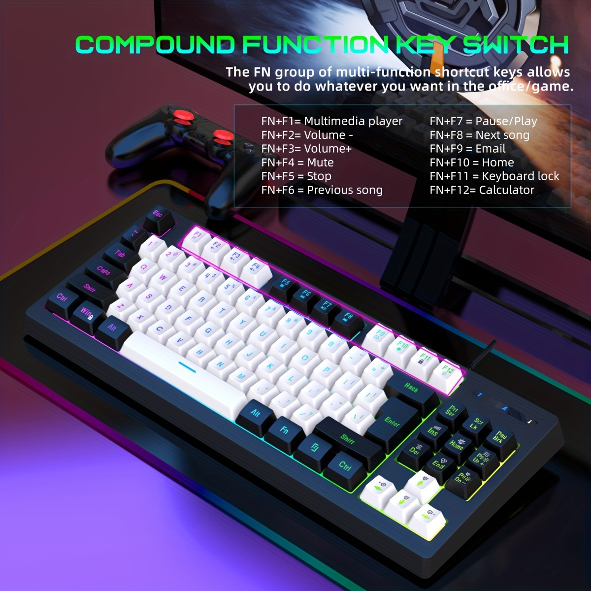 New 87 Keys Wired Game Keyboard Rgb Light Dual Color - Temu