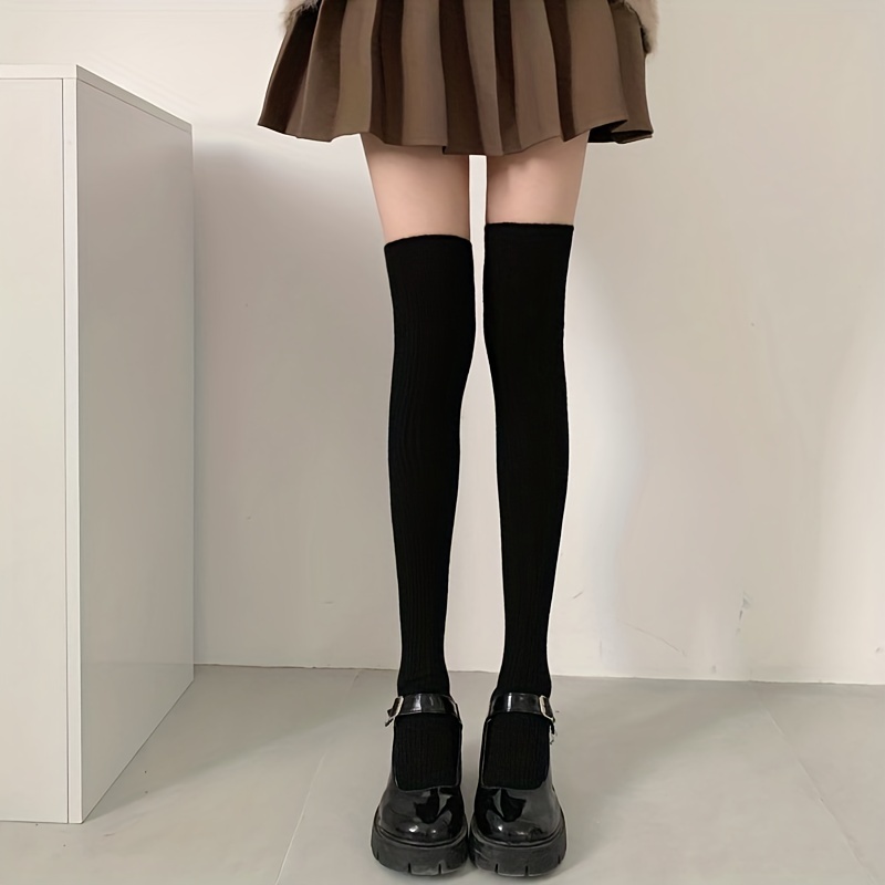 1/2/3 Pairs Women's Japanese Vertical Stripe Thigh-High Socks - Thick Insulation Winter Warmth, Black & Grey Solid Color, Durable Comfort Fit for Casual & Formal Outfits, Versatile Legwear, Comfortable Wear