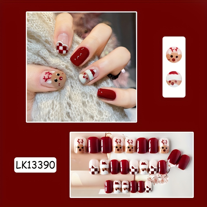 24pcs short square shape press on nails fake nail with deer chessboard pattern decor full cover nails for women details 0